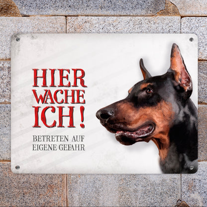 Metallschild XL mit Dobermann Motiv und Spruch: Betreten auf eigene Gefahr ...