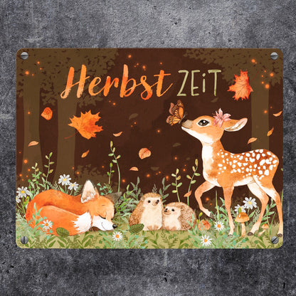 Tiere des Waldes Metallschild in 15x20 cm mit Spruch Herbstzeit