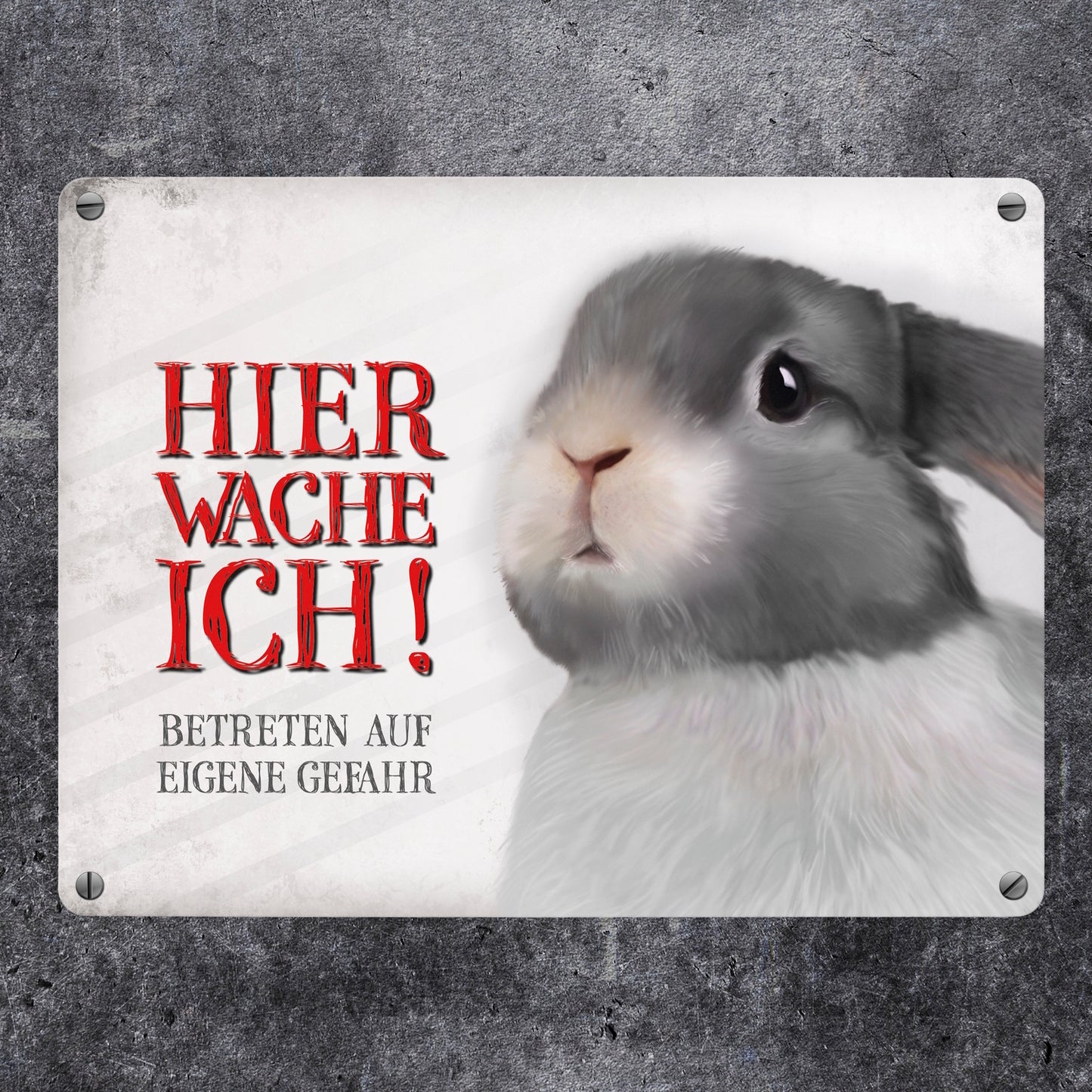 Metallschild mit Hase Motiv und Spruch: Betreten auf eigene Gefahr ...