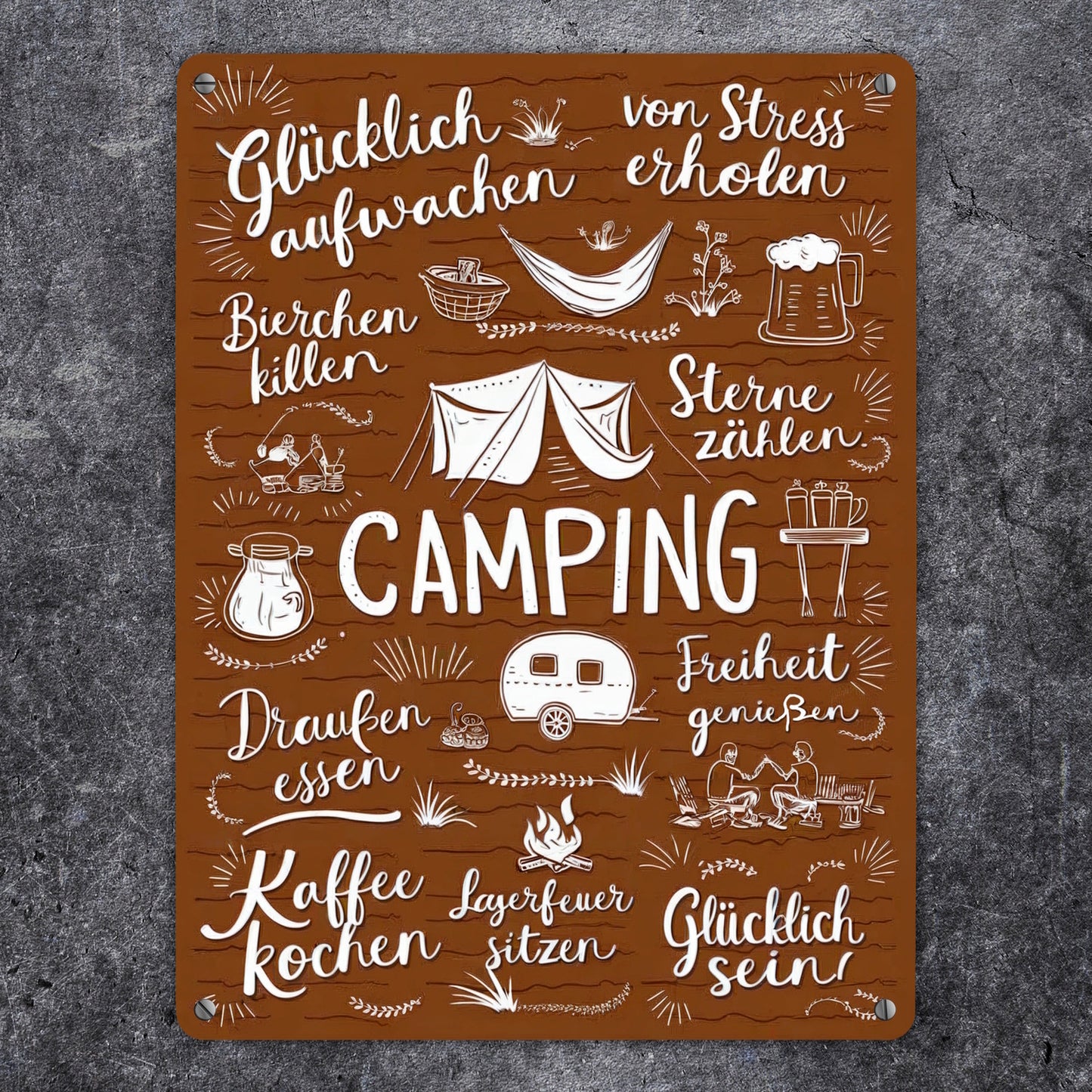 Camping Metallschild XL in 21x28 cm mit Spruch Glücklich sein, Freiheit genießen, Sterne zählen