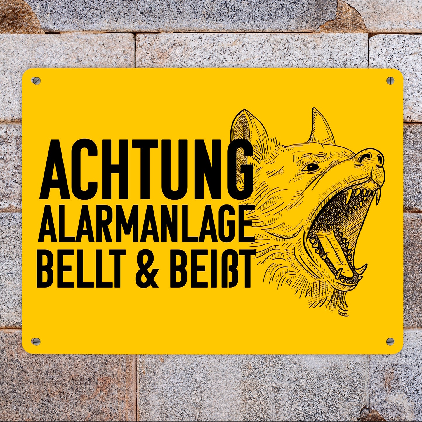 Achtung Alarmanlage bellt und beißt Metallschild XL in 21x28 cm mit Hunde Motiv