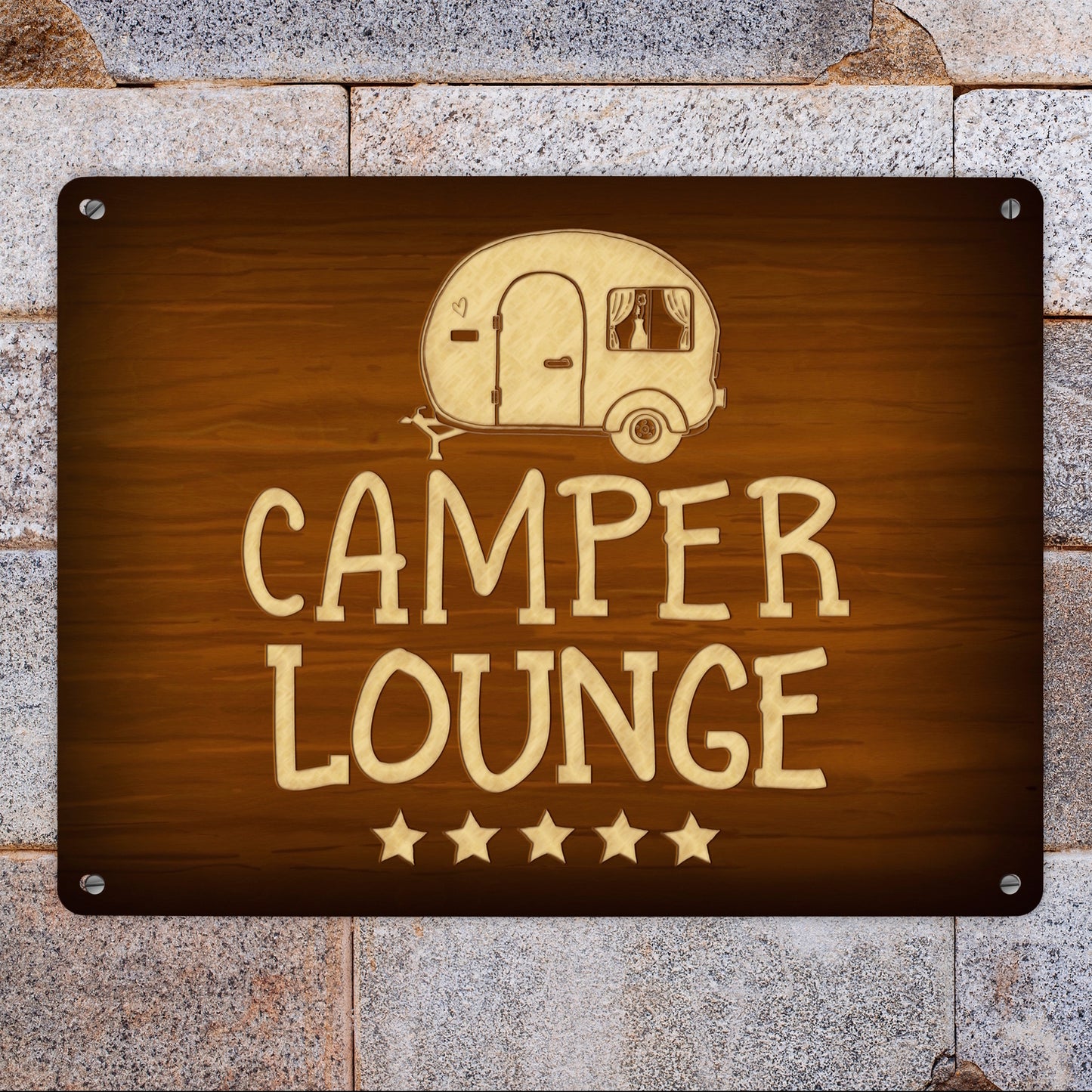 Metallschild XL mit Camper-Lounge Motiv und Spruch: Camper-Lounge