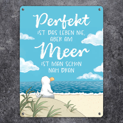 Möwe am Strand Metallschild XL in 21x28 cm mit Spruch Leben am Meer fast perfekt