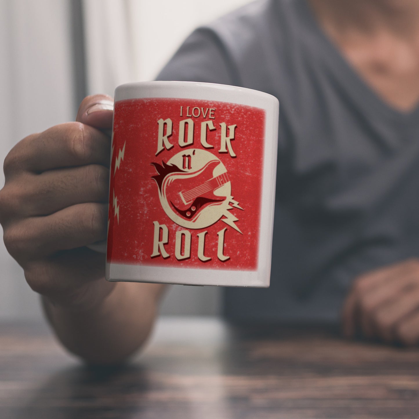 I Love Rock 'n' Roll Kaffeebecher mit Gitarren Motiv