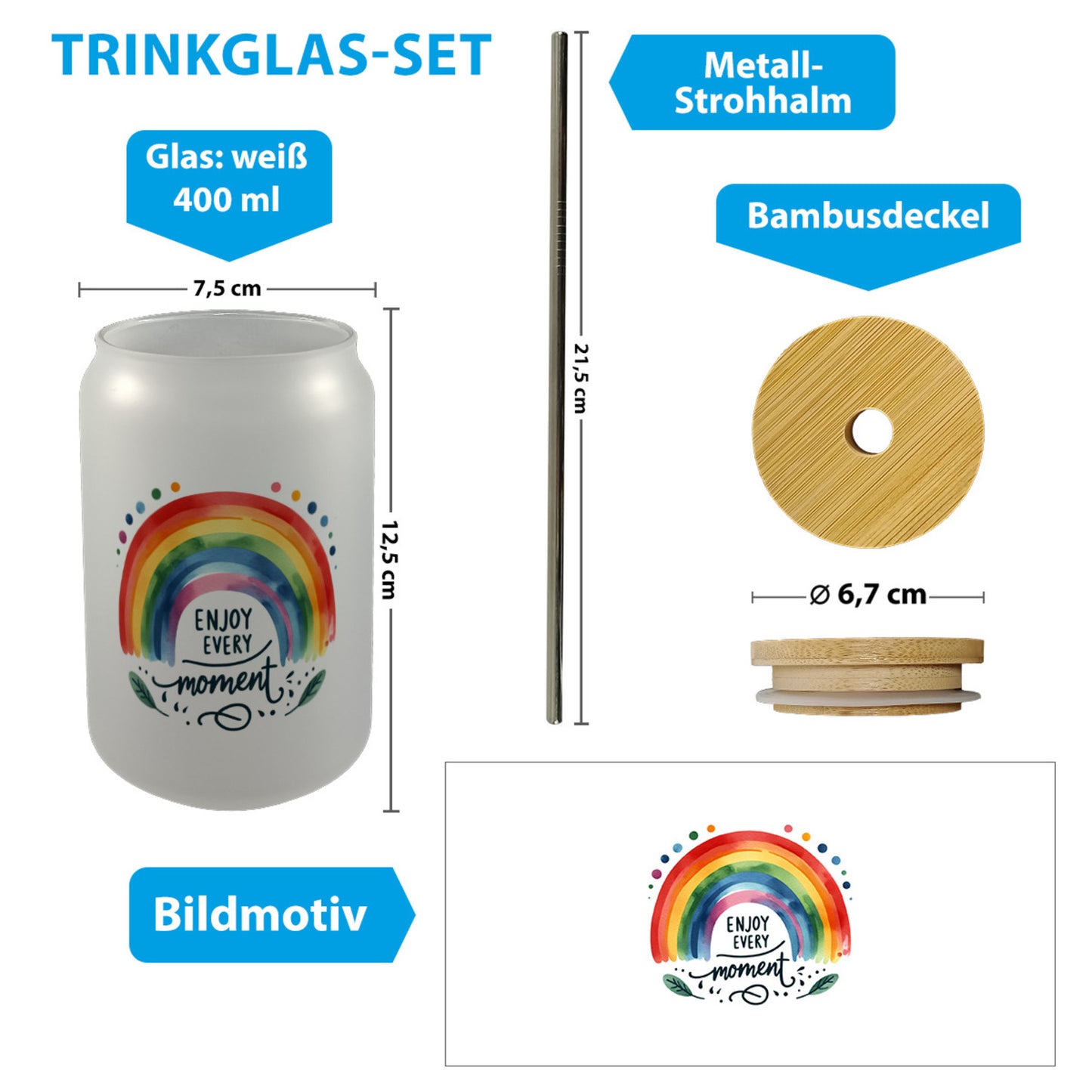 Regenbogen Trinkglas mit Bambusdeckel mit Spruch Enjoy every moment