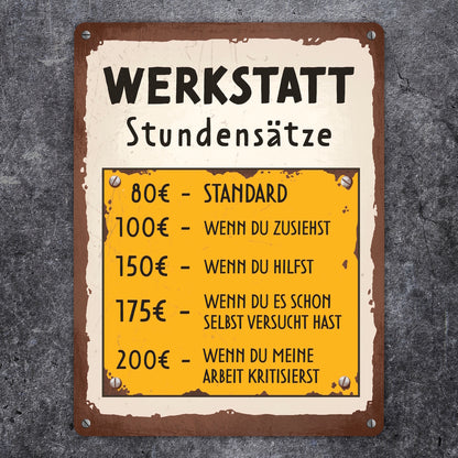 Werkstatt Stundensätze Metallschild XL in 21x28 cm