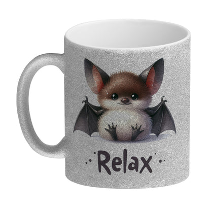 Baby Fledermaus Glitzer-Kaffeebecher mit Spruch Relax