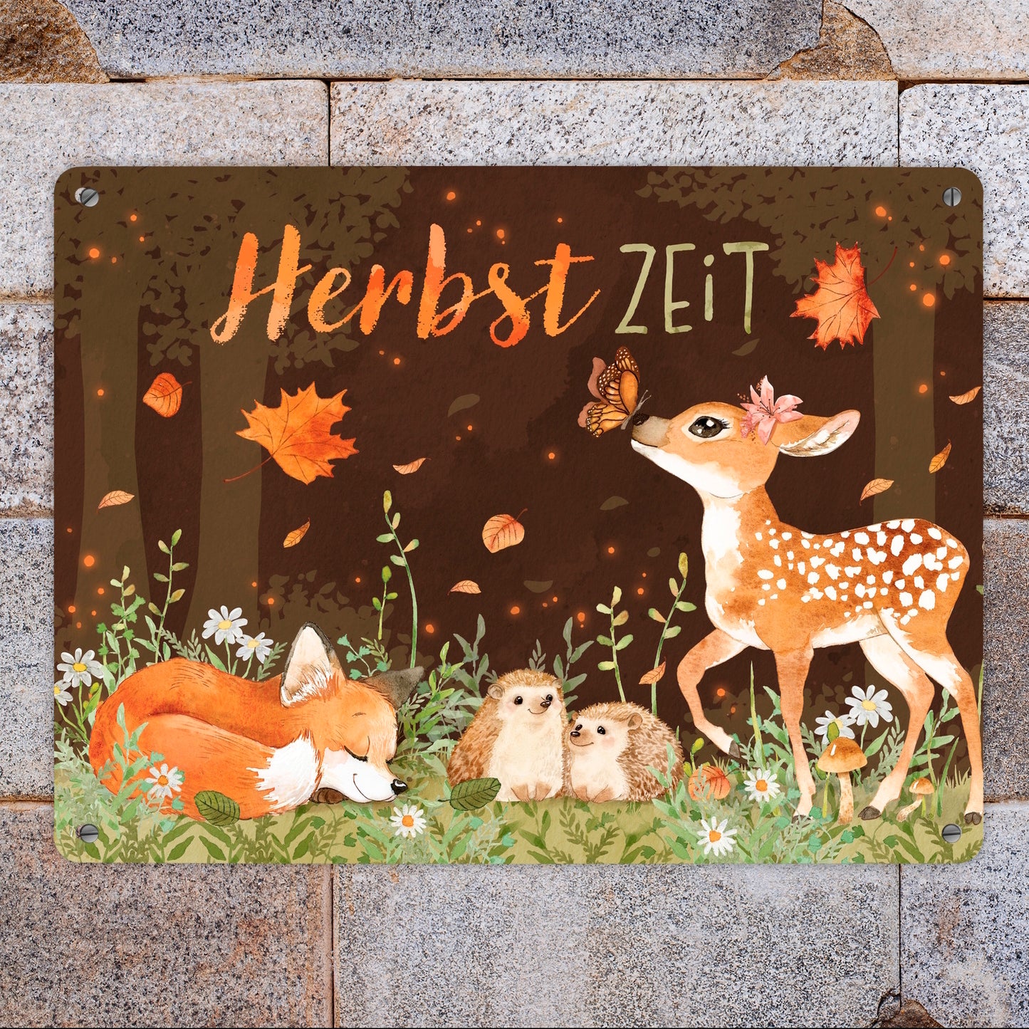 Tiere des Waldes Metallschild XL in 21x28 cm mit Spruch Herbstzeit