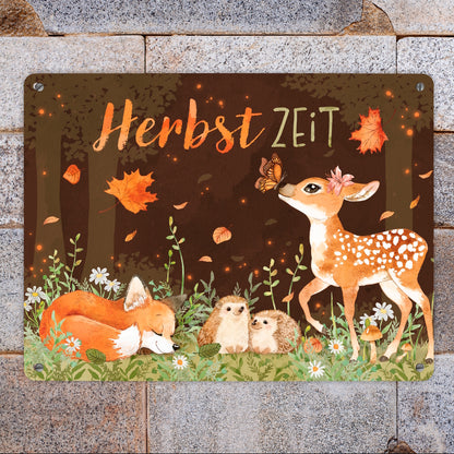 Tiere des Waldes Metallschild XL in 21x28 cm mit Spruch Herbstzeit