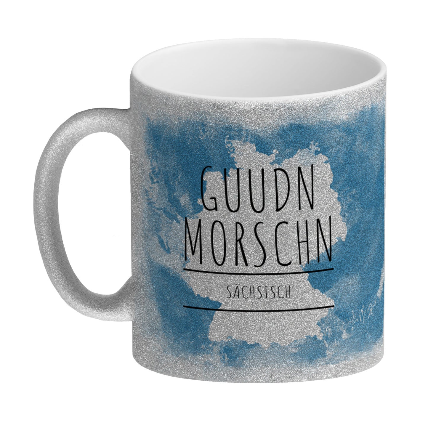 Hallo auf Sächsisch Guudn Morschen lustiger Glitzer-Kaffeebecher mit blauem Hintergrund