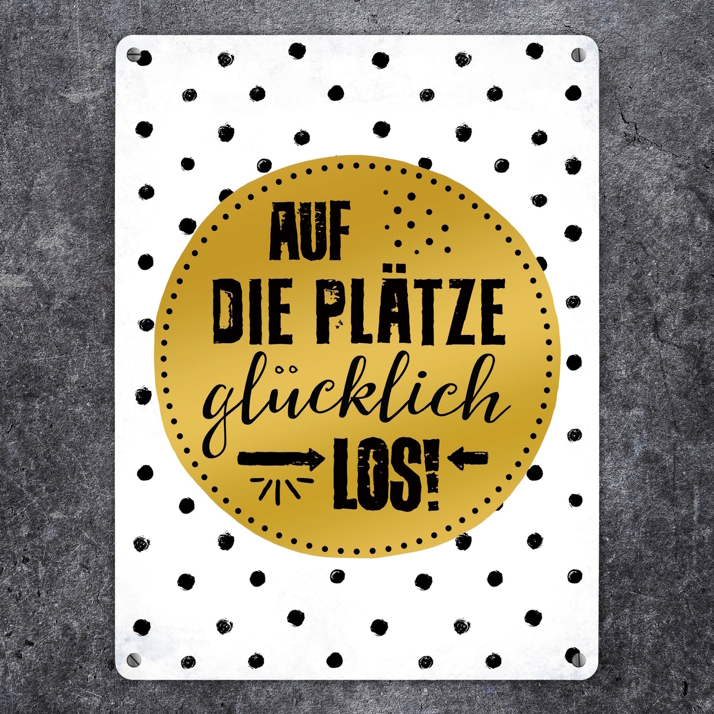 Metallschild XL mit Glück Motiv und Spruch: Auf die Plätze, glücklich, los!