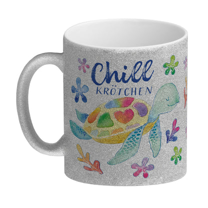 Schildkröte Glitzer-Kaffeebecher mit Spruch Chillkrötchen