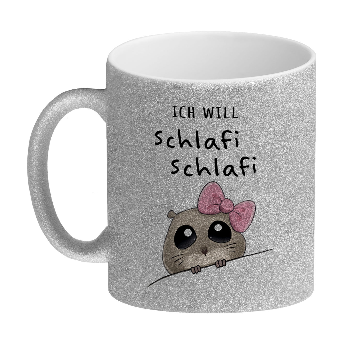 Meme Hamster Glitzer-Kaffeebecher mit Spruch Ich will Schlafi Schlafi