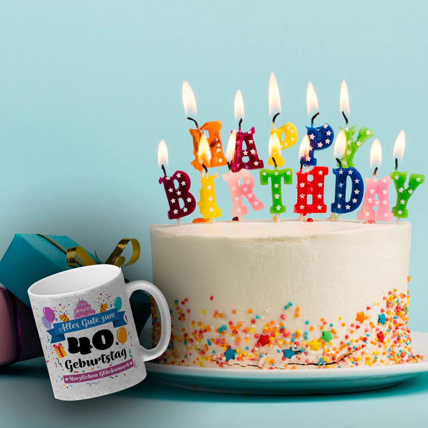 40. Geburtstag Glitzer-Kaffeebecher mit lustigem Spruch: Alles Gute