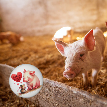 Schwein mit Maus und Herz Magnet rund mit Spruch Schön dass es dich gibt