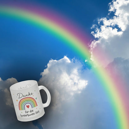 Regenbogen Glas Tasse mit Spruch Danke für die kunterbunte Zeit