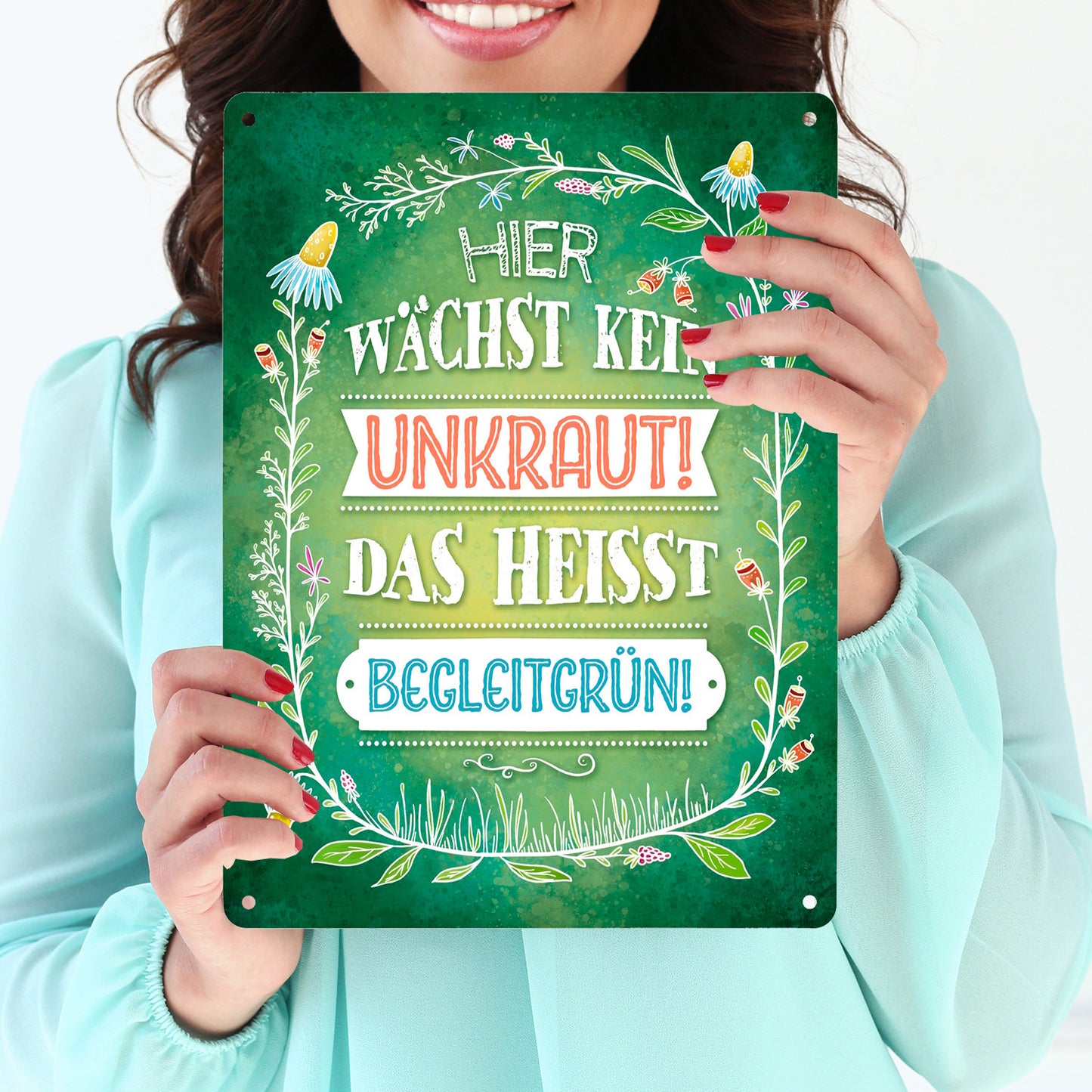 Metallschild XL mit Blumen Motiv und Spruch: Hier wächste kein Unkraut