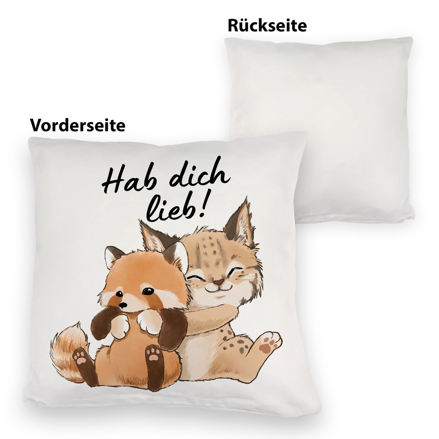 Luchs und Panda Kuschelkissen mit Spruch Hab dich lieb