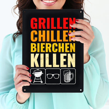 Grillen, Chillen, Bierchen Killen Metallschild XL mit Grill-, Sonnenbrille- und Biermotiv