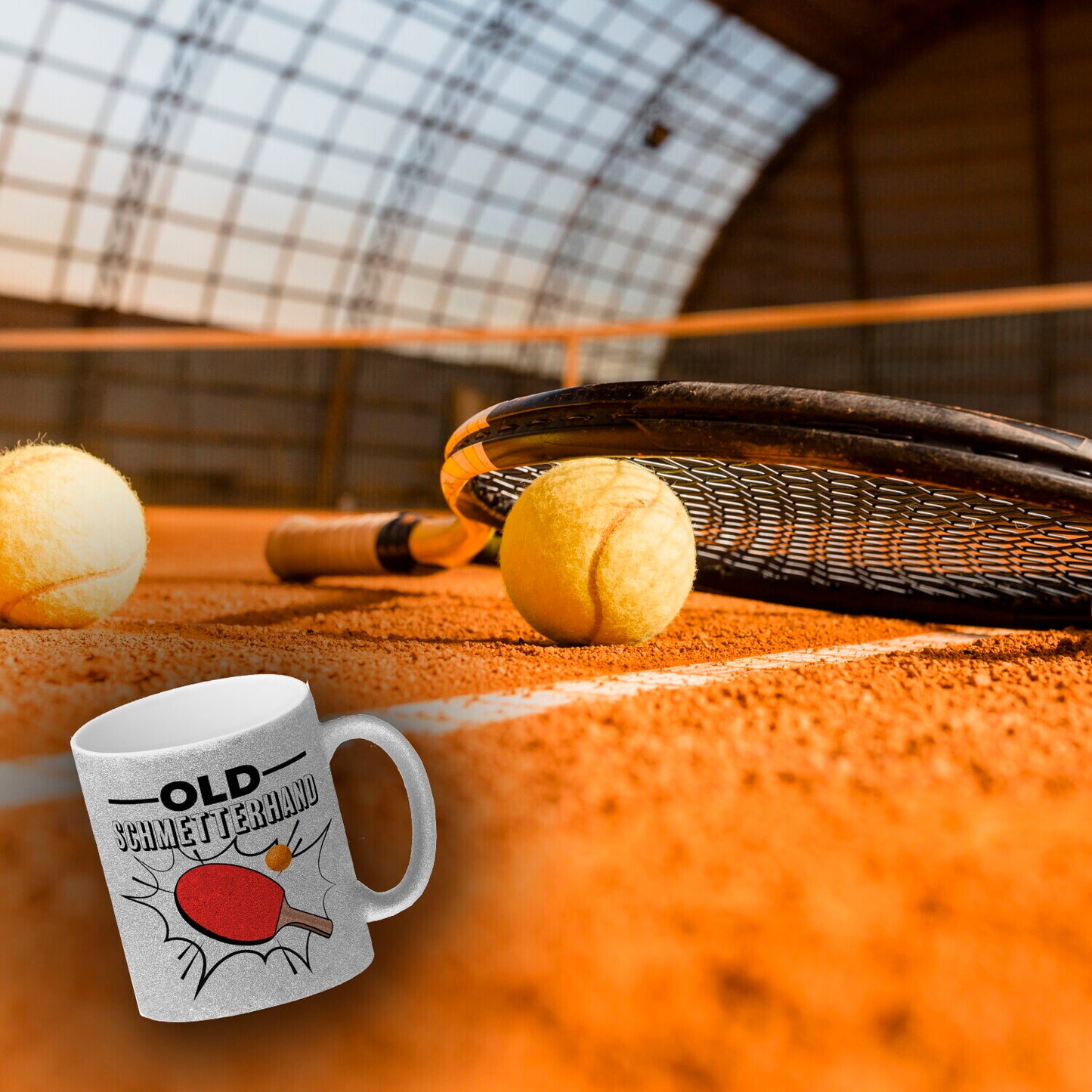 Old Schmetterhand Tischtennis Wortspiel Glitzer-Kaffeebecher