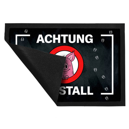 Achtung Saustall Fußmatte XL in 40x60 cm mit niedlichem Comic-Schwein im Warnkreis