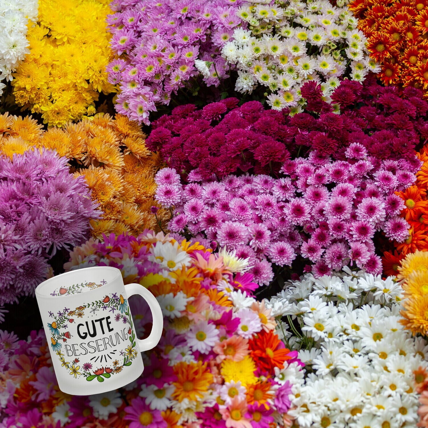 Gute Besserung Glas Tasse mit Blumen Motiv