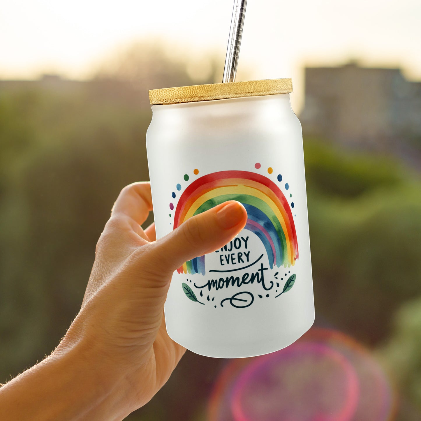 Regenbogen Trinkglas mit Bambusdeckel mit Spruch Enjoy every moment