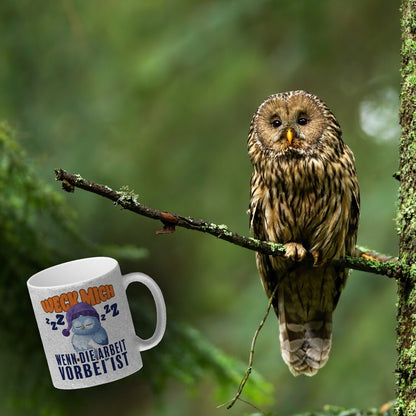 Schlafende Eule Glitzer-Kaffeebecher mit Spruch Weck mich wenn die Arbeit vorbei ist