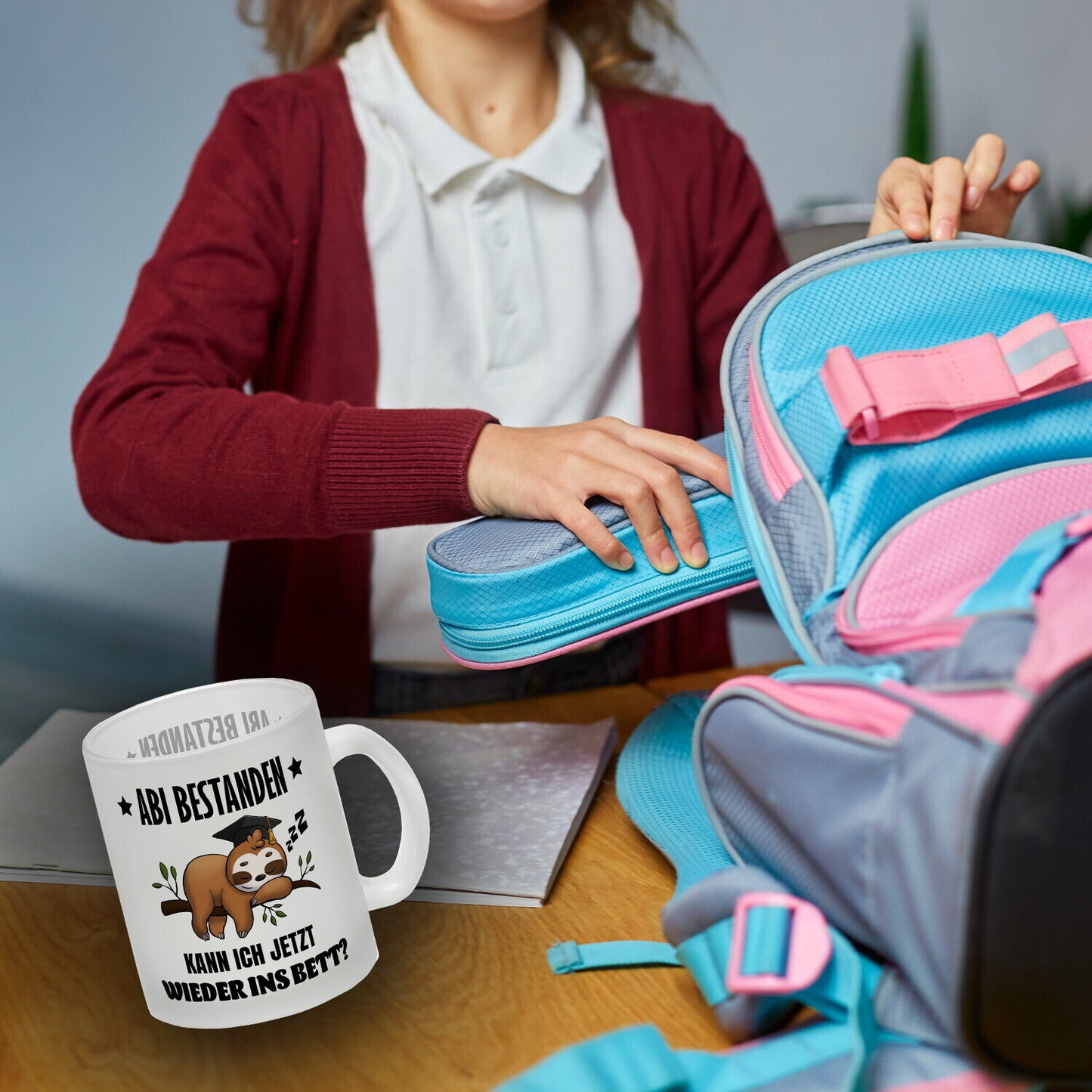 Faultier Abitur Glas Tasse mit Spruch Abi geschafft zurück ins Bett