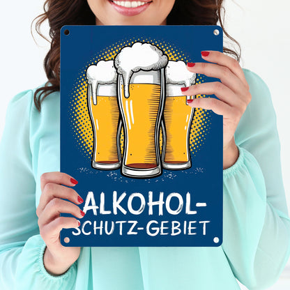 Alkohol-Schutzgebiet mit drei Biergläsern Metallschild in 15x20 cm