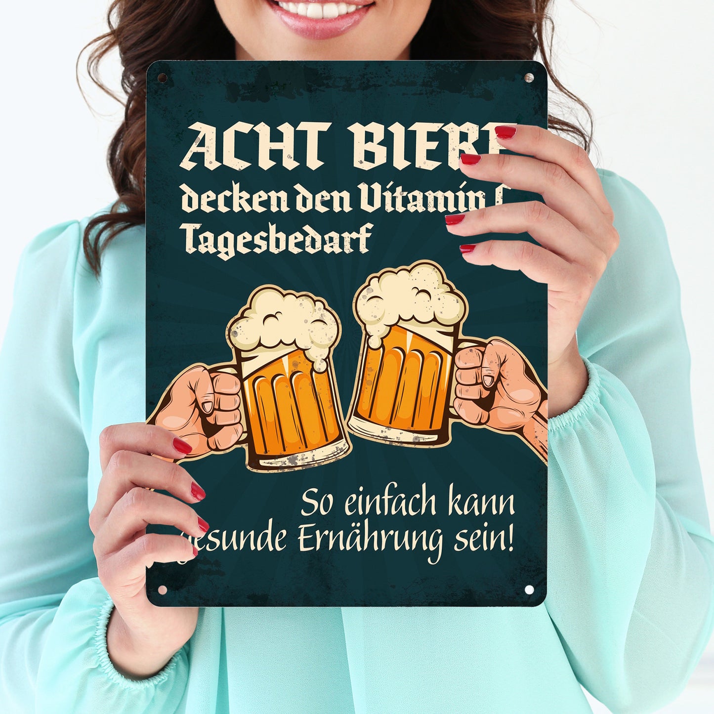 Metallschild XL mit Bier Motiv und Spruch: Acht Biere decken den Vitamin ...