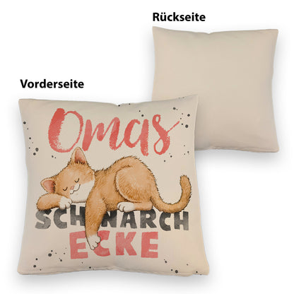 Orange Katze Kissen mit Leinenoptik mit Spruch Omas Schnarchecke