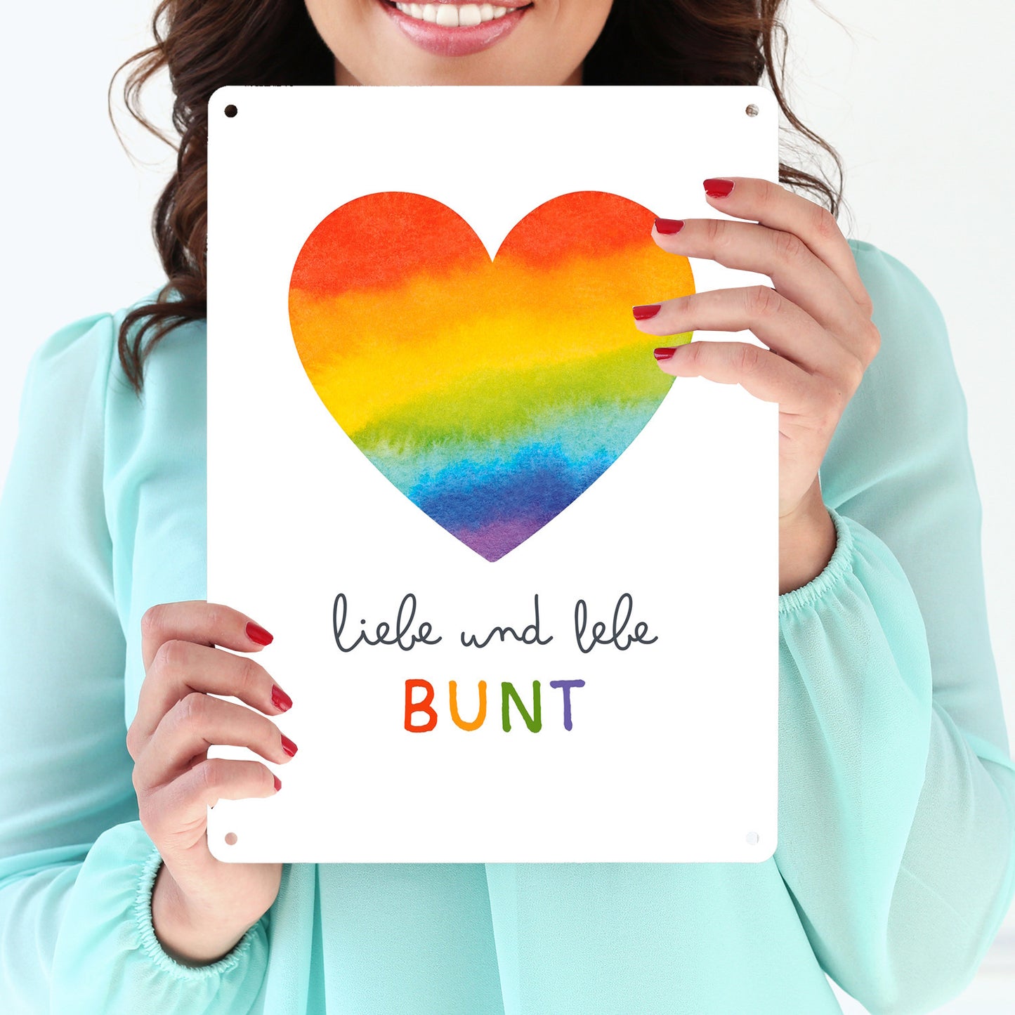 Regenbogenherz Metallschild XL in 21x28 cm mit Spruch Liebe und lebe bunt