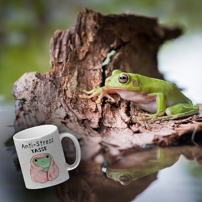 Frosch in rosa Decke mit Spruch Anti-Stress Tasse