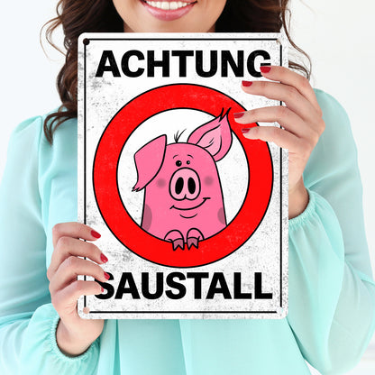 Achtung Saustall Metallschild mit Comic-Schwein