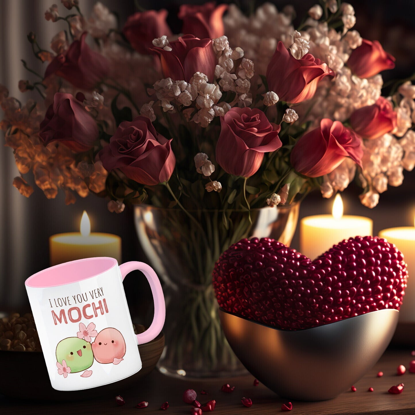 Mochi Paar Kaffeebecher in rosa mit Spruch I love you very Mochi