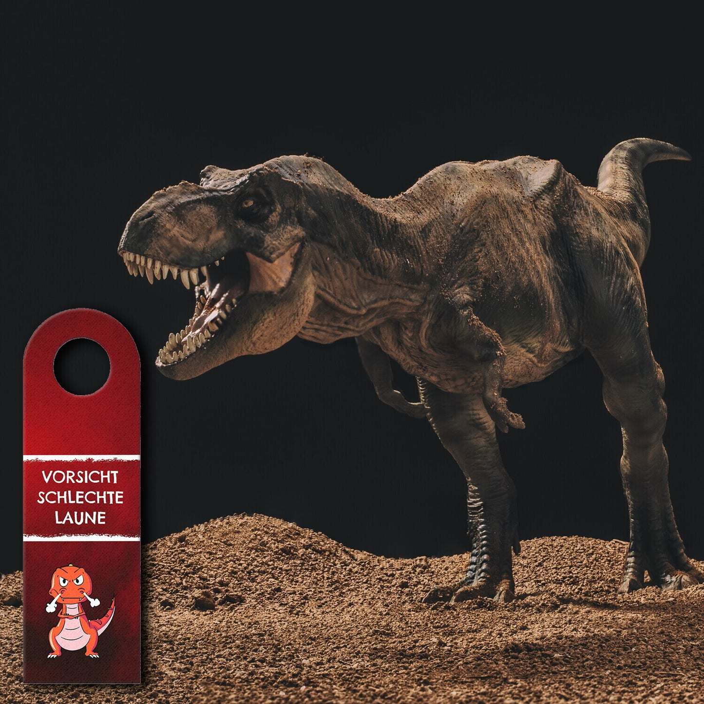 Vorsicht schlechte Laune oder gute Laune Türhänger mit T-Rex Dino in rot und grün