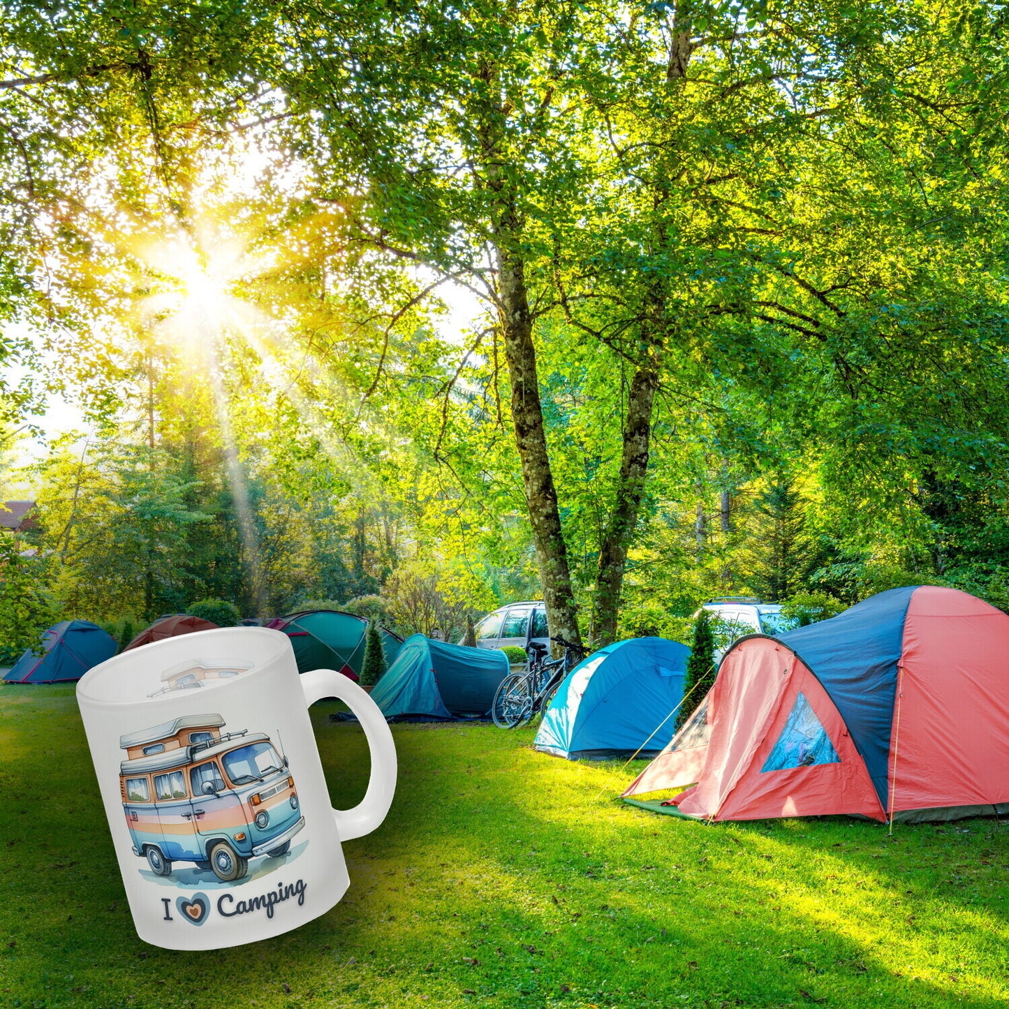 Campervan Glas Tasse mit Spruch I love Camping