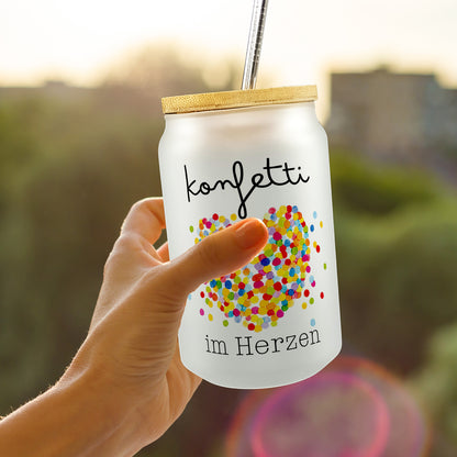 Konfetti im Herzen Karneval Party Geschenk Trinkglas mit Bambusdeckel