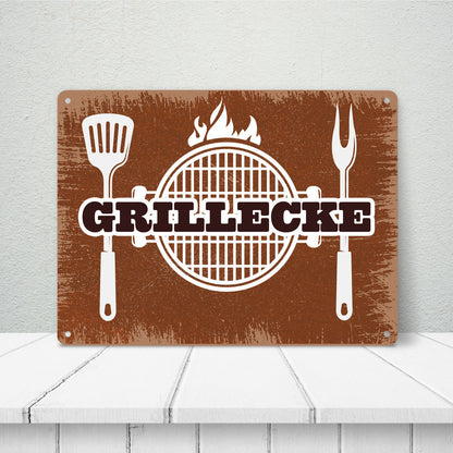 Grillecke Metallschild XL mit coolem Grillmotiv auf rostbraunem Hintergrund