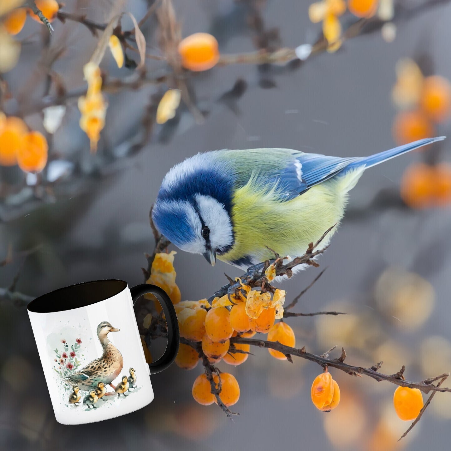 Ente mit Küken Kaffeebecher in schwarz