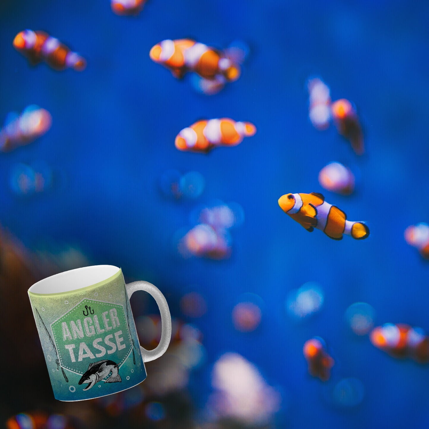 Angler Becher Glitzer-Glitzer-Kaffeebecher mit Fisch und Angel Motiv