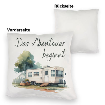 Wohnwagen Kuschelkissen mit Spruch Das Abenteuer beginnt