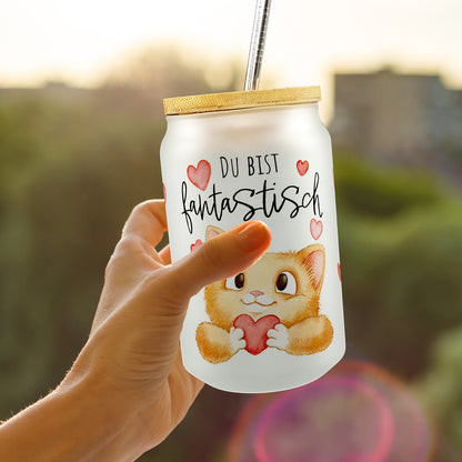 Orange Katze Trinkglas mit Bambusdeckel mit Spruch Du bist fantastisch