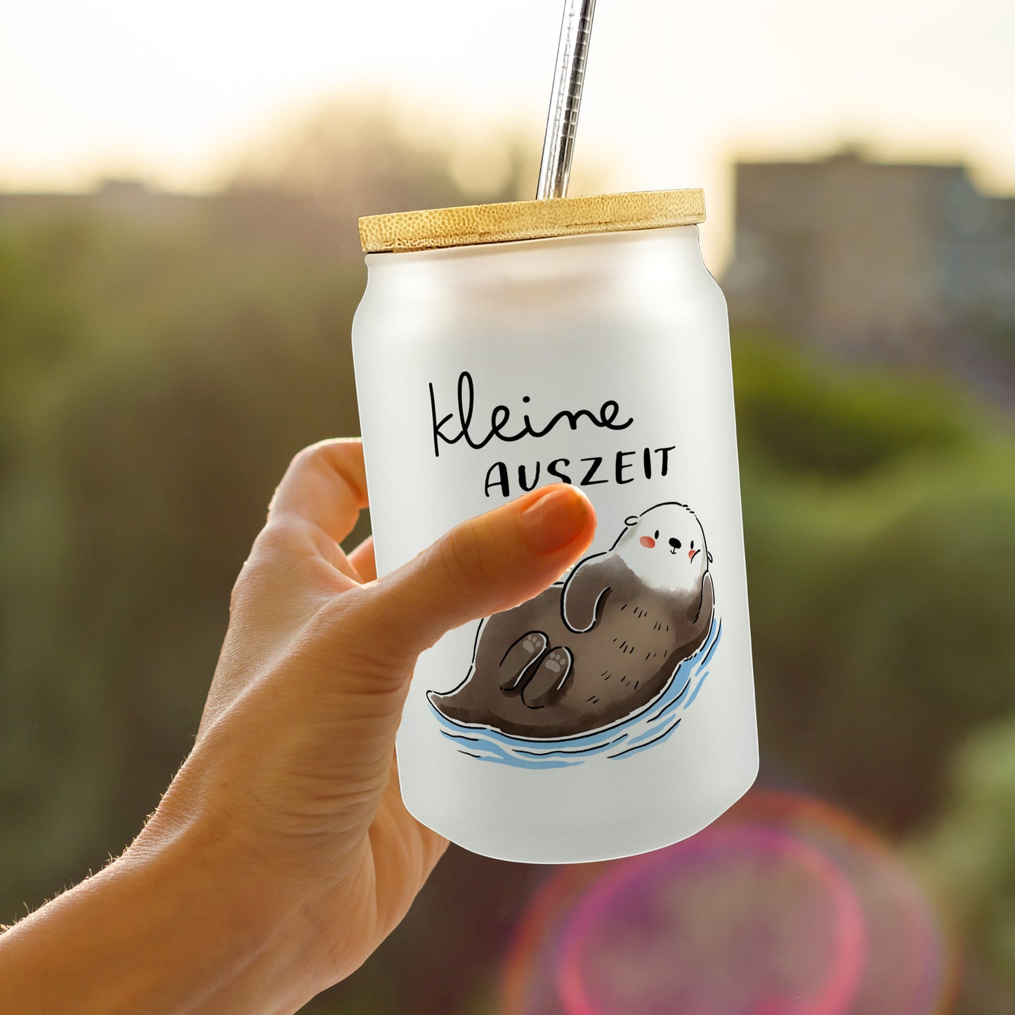 Otter Trinkglas mit Bambusdeckel mit Spruch Kleine Auszeit