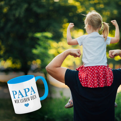 Papa wir lieben dich Kaffeebecher in hellblau in blau mit Herz