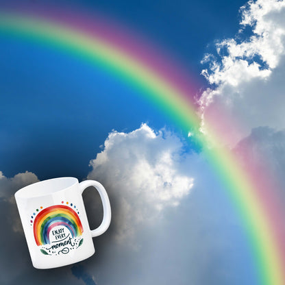 Regenbogen Kaffeebecher mit Spruch Enjoy every moment