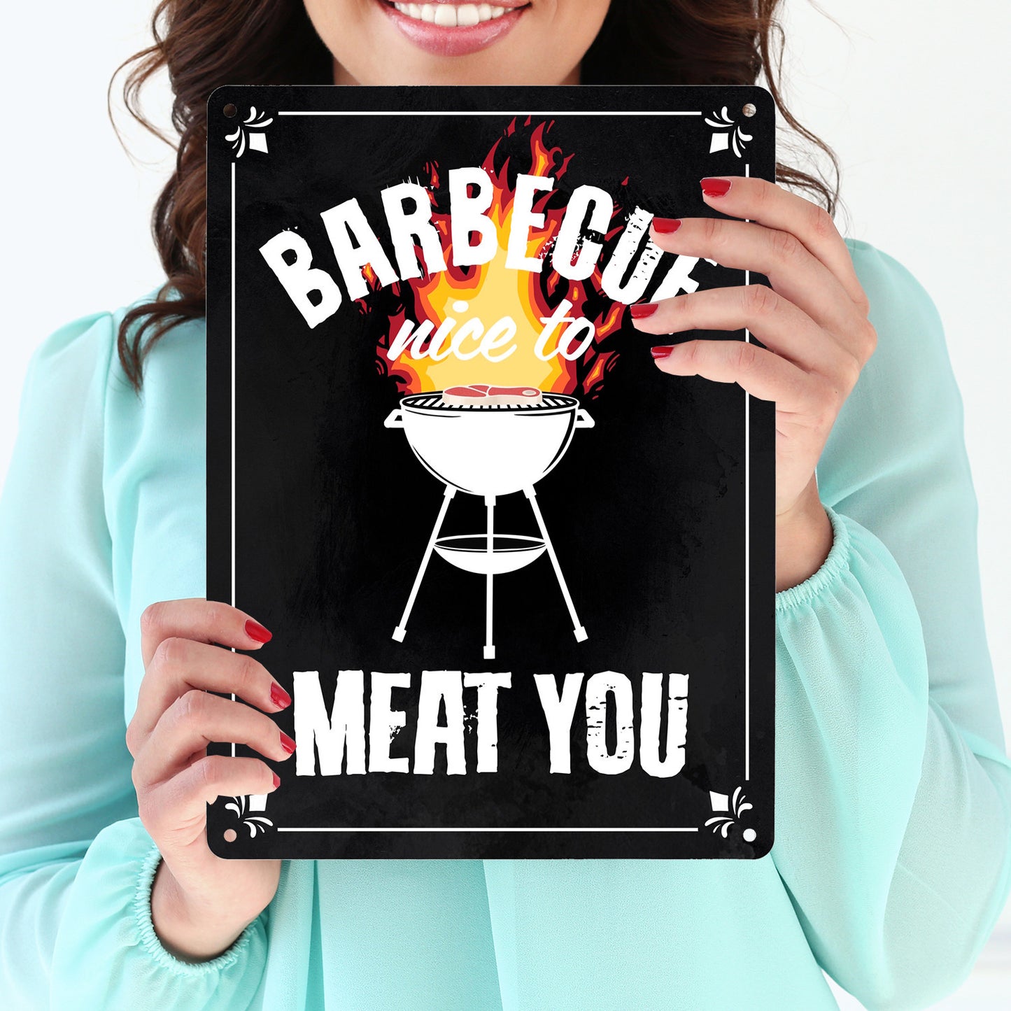 Barbecue - nice to meat you Metallschild XL in 21x28 cm mit Grill