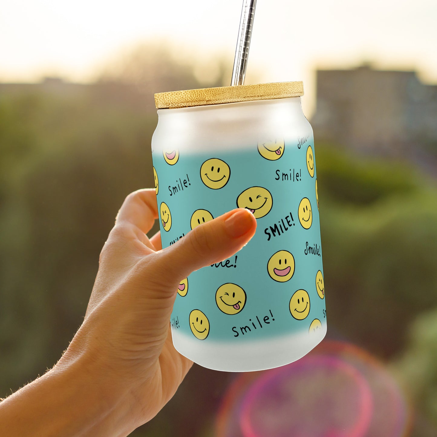 Emoticon Trinkglas mit Bambusdeckel mit Spruch Smile