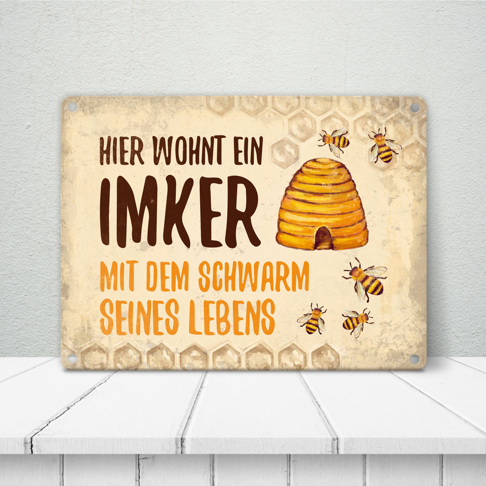 Imker mit Schwarm seines Lebens Blechschild in 15x20 cm